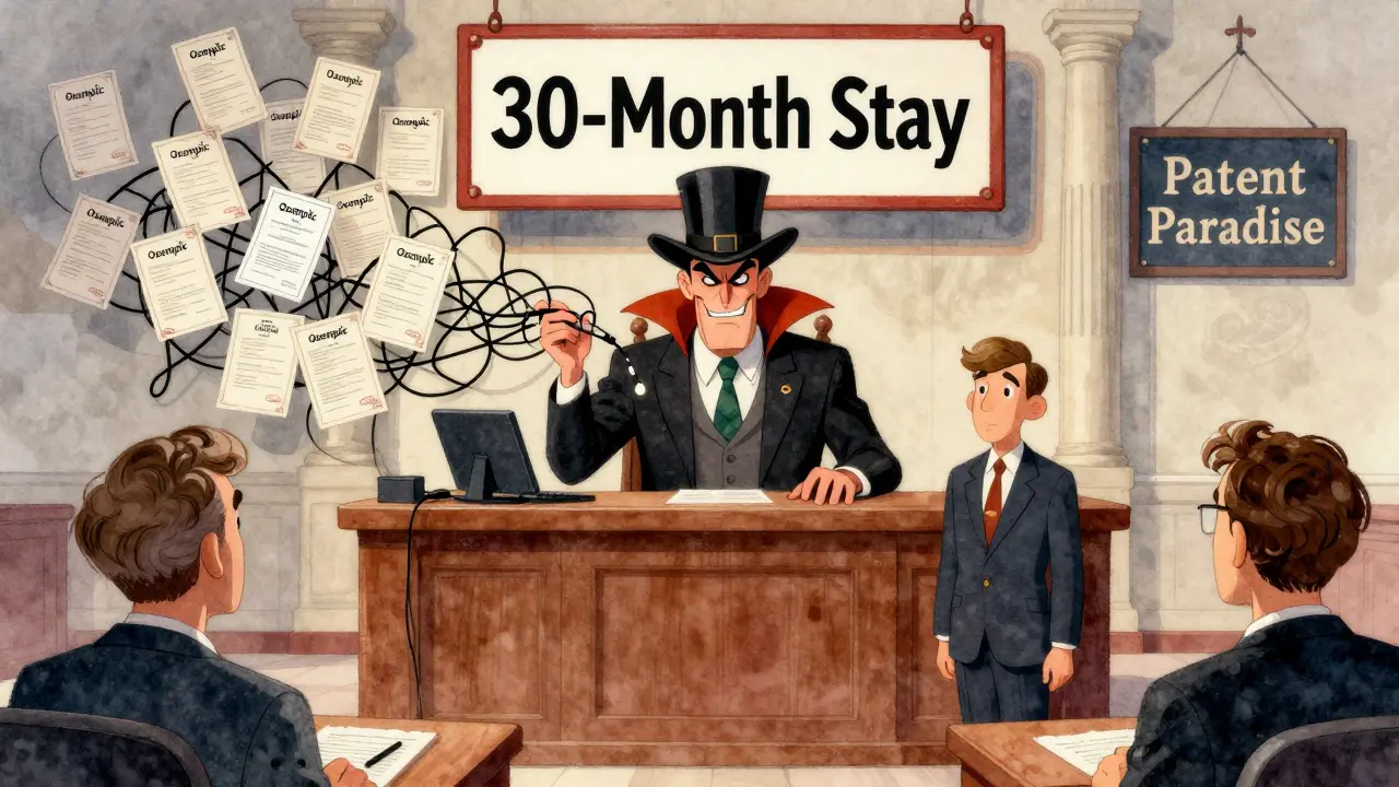 A pharmaceutical villain surrounded by hundreds of patents in a courtroom with a 30-month stay sign.