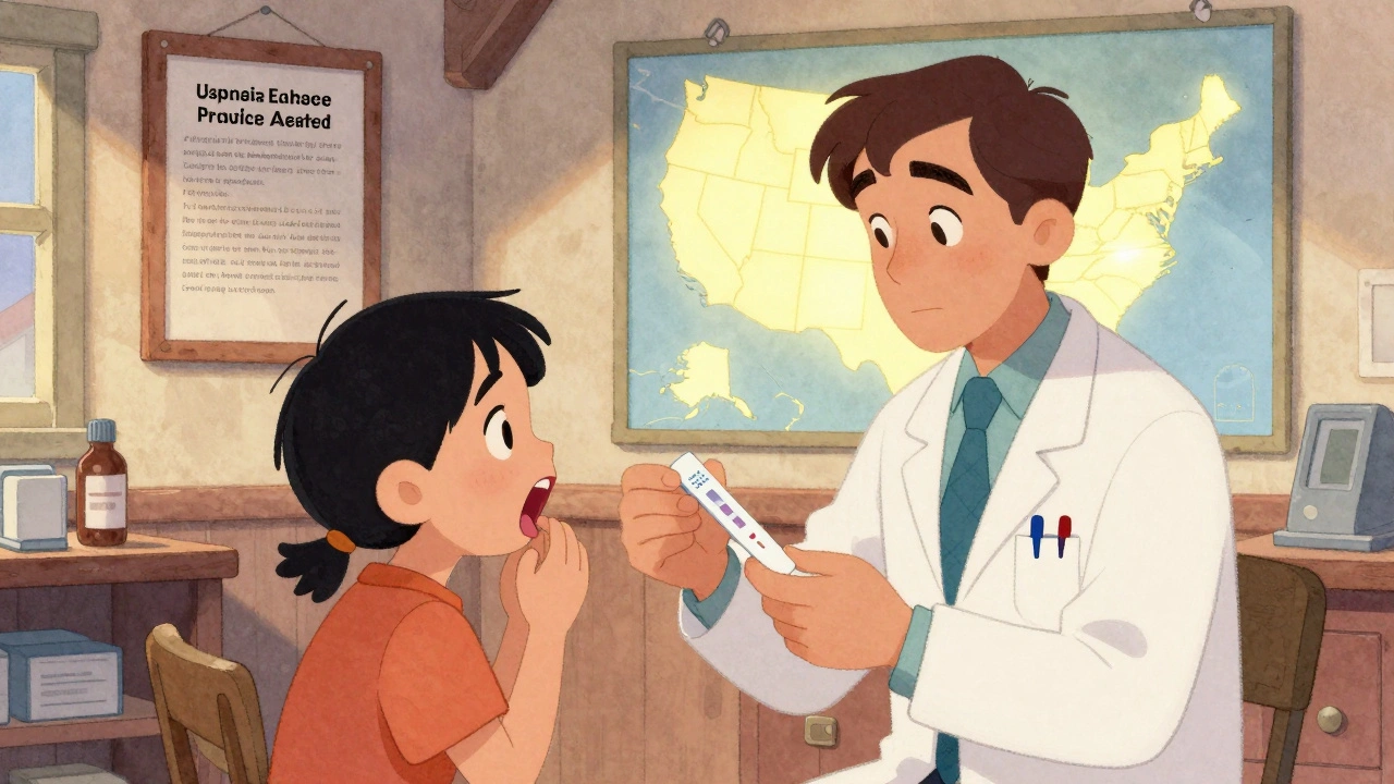 A pharmacist performing a rapid strep test on a child in a rural pharmacy, with a collaborative agreement on the wall.