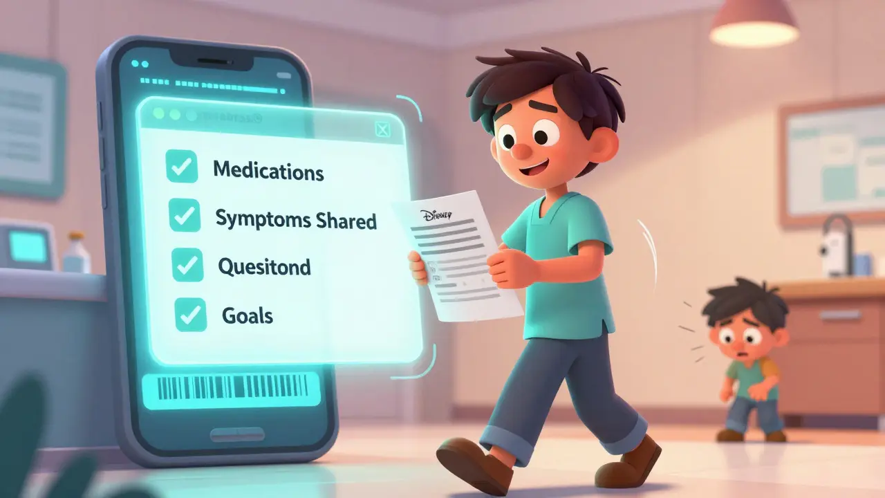 A relieved patient walks out of a clinic with a checklist glowing behind them, symbolizing preparedness and clarity.