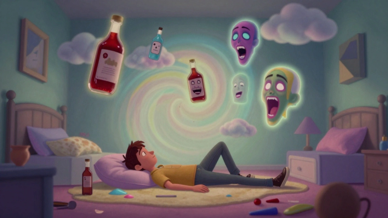 A teenager floats above their body amid swirling colors and melting syrup bottles, experiencing a hallucination.