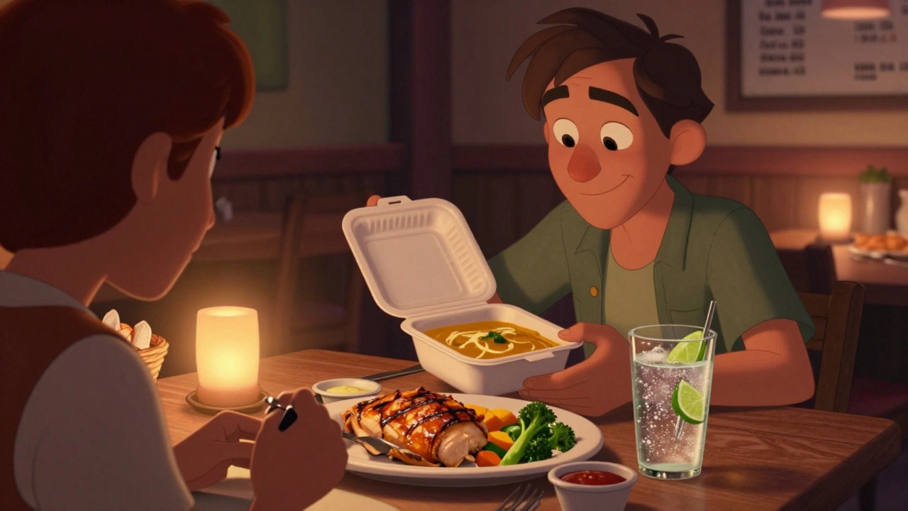 A traveler splitting a restaurant meal and ordering soup and water to avoid overeating.