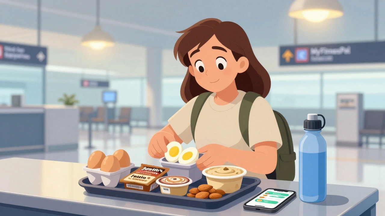 A traveler unpacking portable healthy snacks like eggs, nut butter, and hummus at airport security.