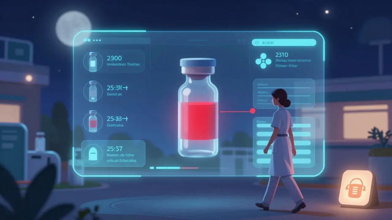 AI tracking system highlights a missing drug vial in a hospital at night with anonymous reporting icon.