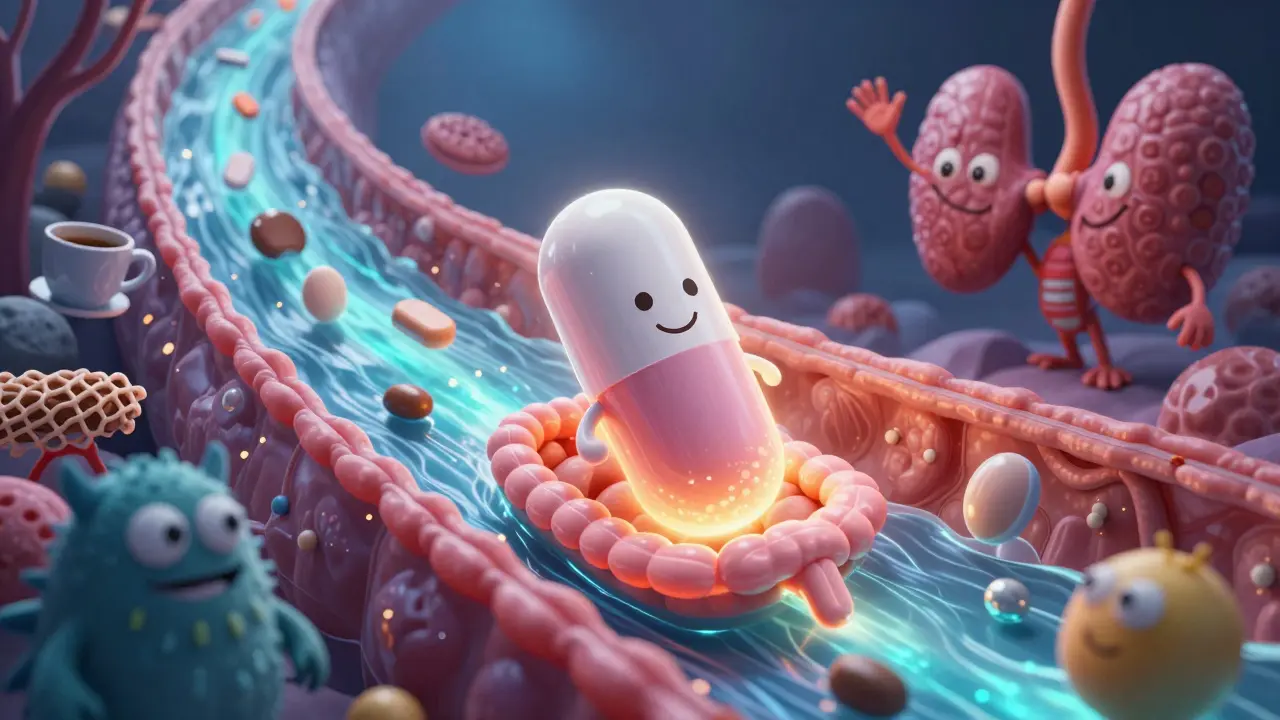 Animated levothyroxine pill journey through the intestines, avoiding absorption blockers.
