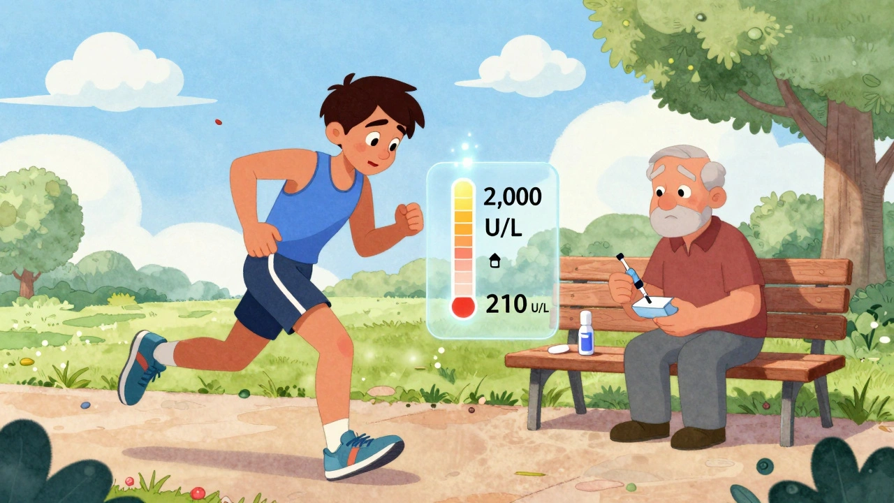 Athlete with glowing high CK level from exercise beside older patient with quiet baseline test, medical icons floating nearby.