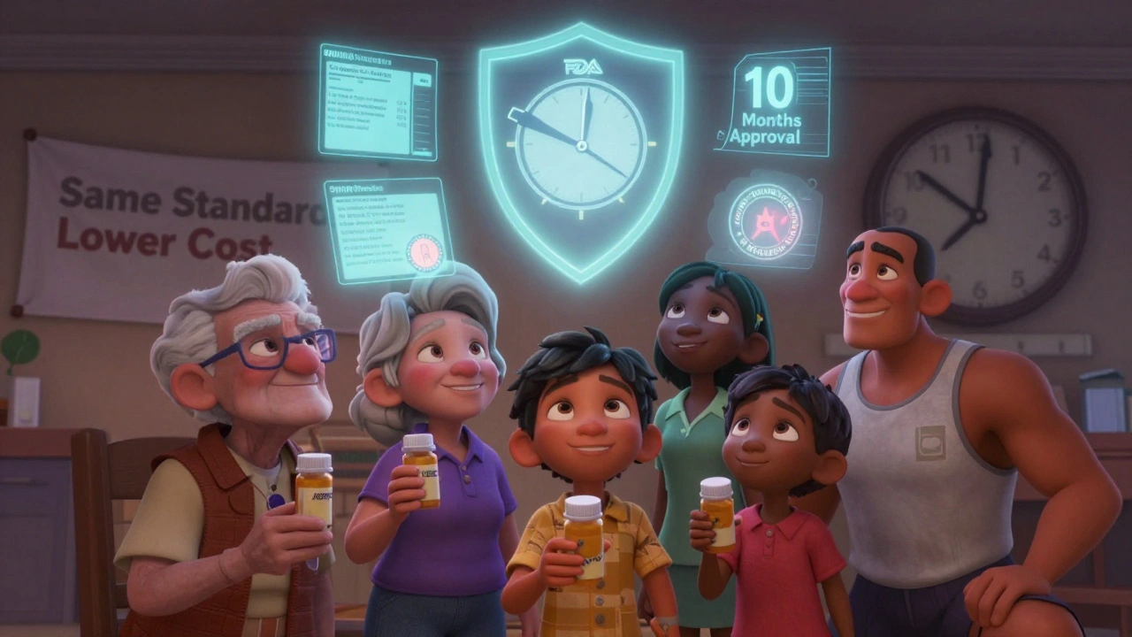 Diverse patients holding generic pills under a glowing FDA shield projecting safety seals and approval data in warm, cinematic lighting.