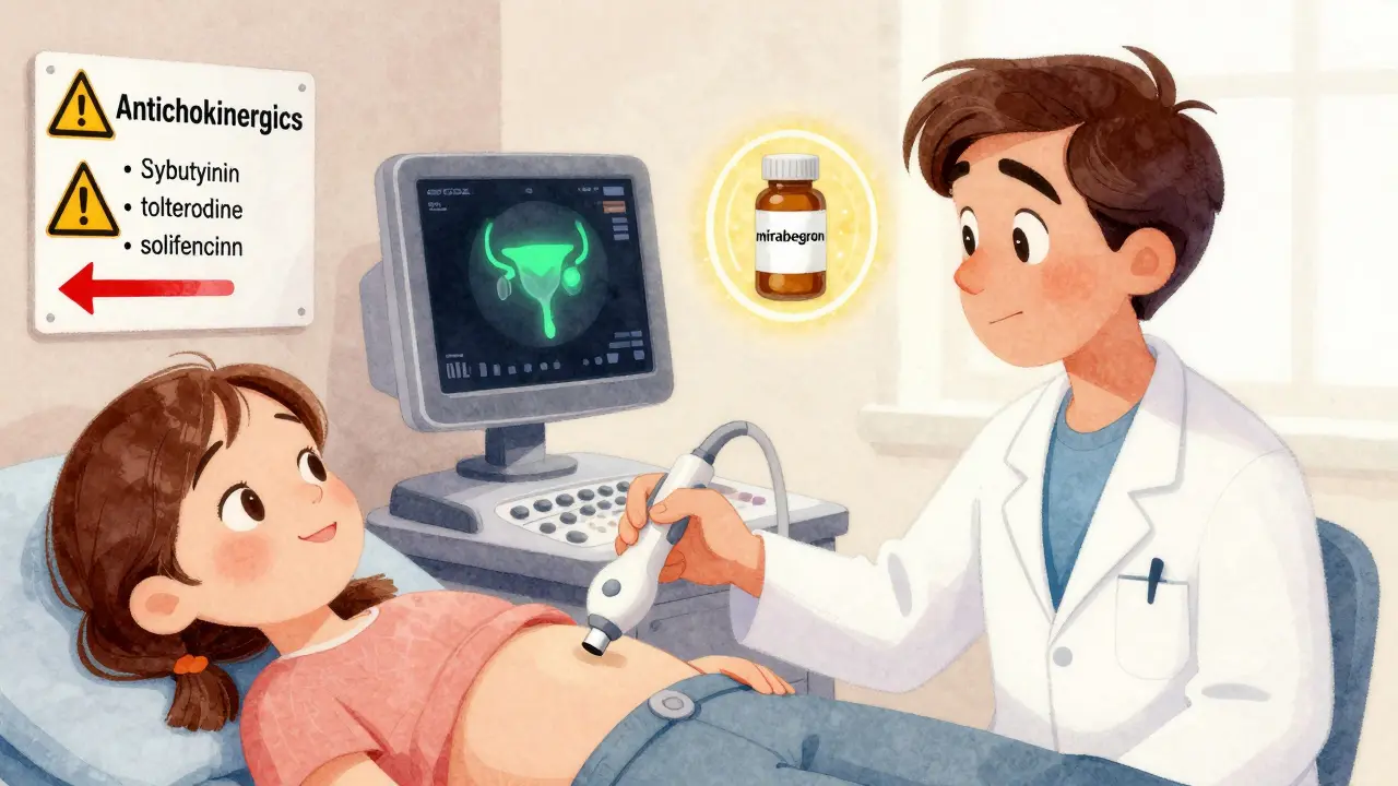 Doctor using ultrasound to check bladder fullness, with warning labels on anticholinergic medications in background.
