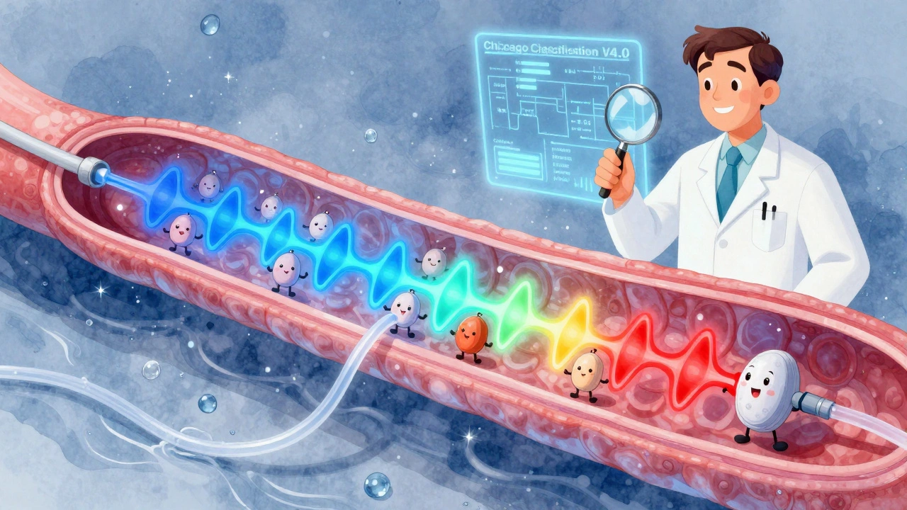 Friendly pressure sensors glowing with color-coded waves inside a translucent esophagus during manometry.