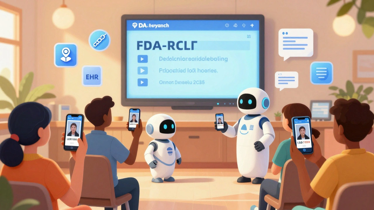 Group of patients sharing lot number photos under a live FDA recall alert screen.