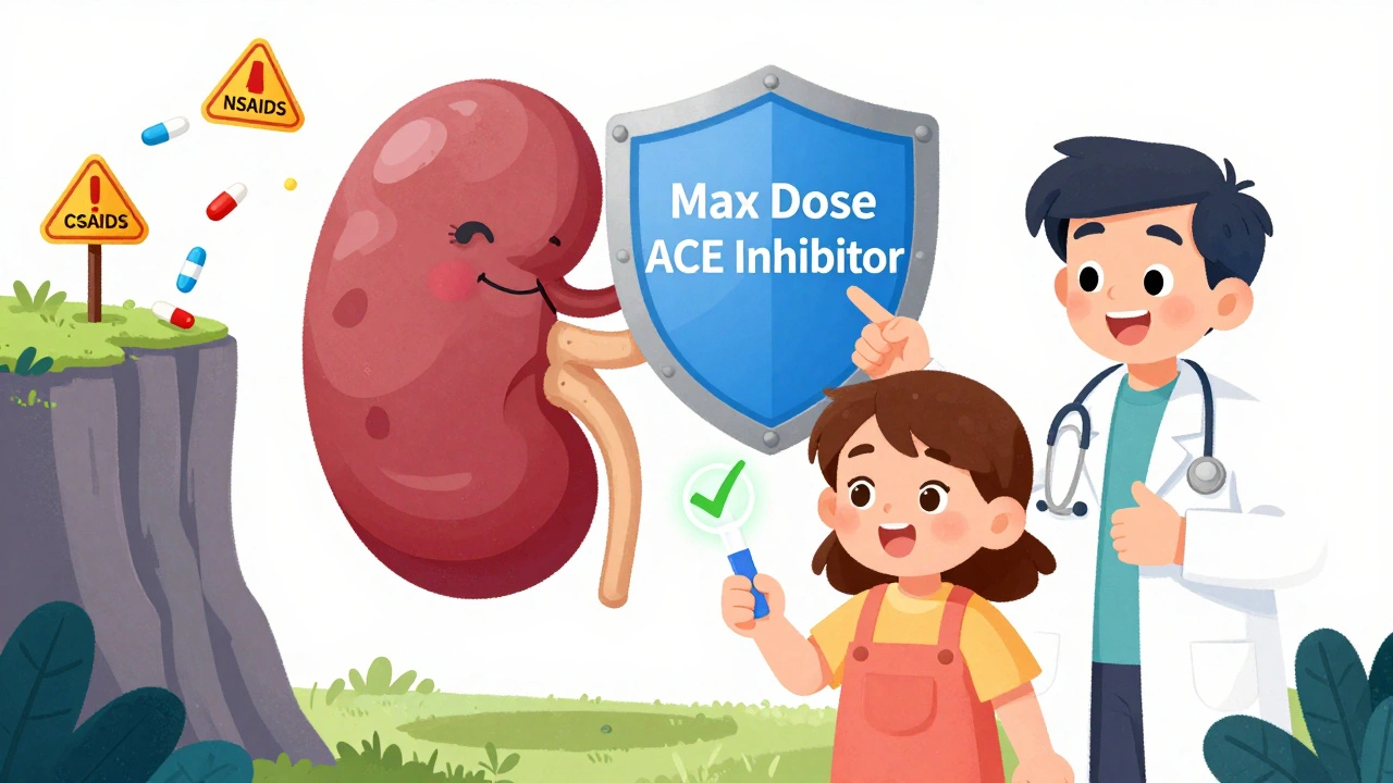 Patient holding a positive urine test as a smiling kidney is shielded by a max-dose ACE inhibitor label.