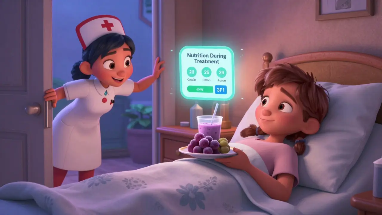 Patient in bed with frozen grapes and protein shake, cheerful medical team watching.