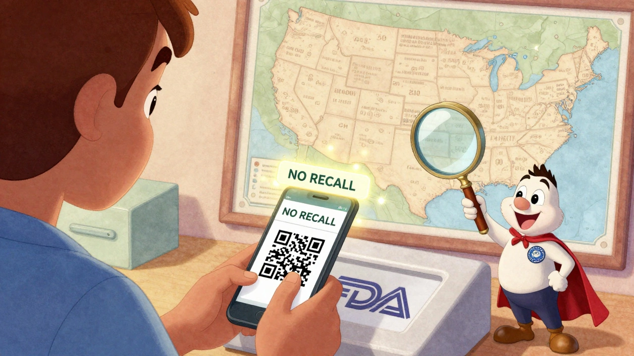 Patient scanning a device box with a magical FDA alert notification glowing on their phone.