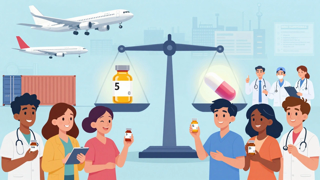 Patients holding generic pills with a transparent supply chain showing FDA inspections and equal efficacy.