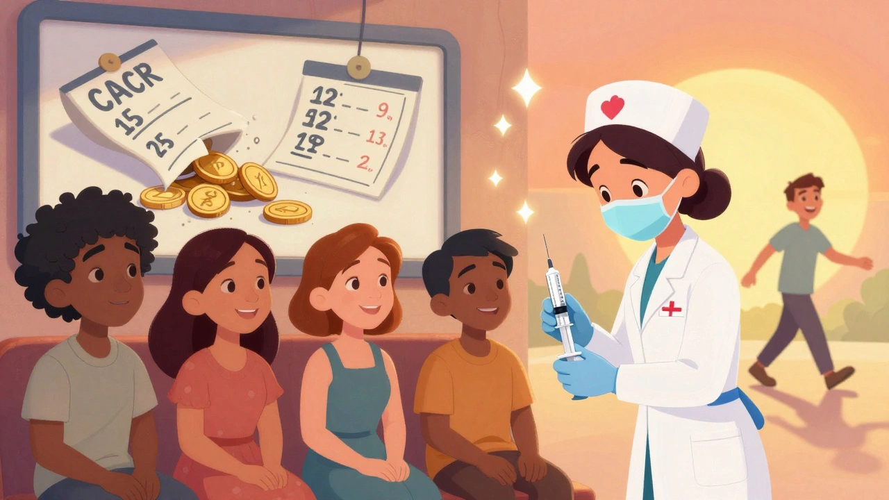 Patients receive injections from a nurse with a heart-shaped syringe, while biosimilar coins replace expensive price tags.