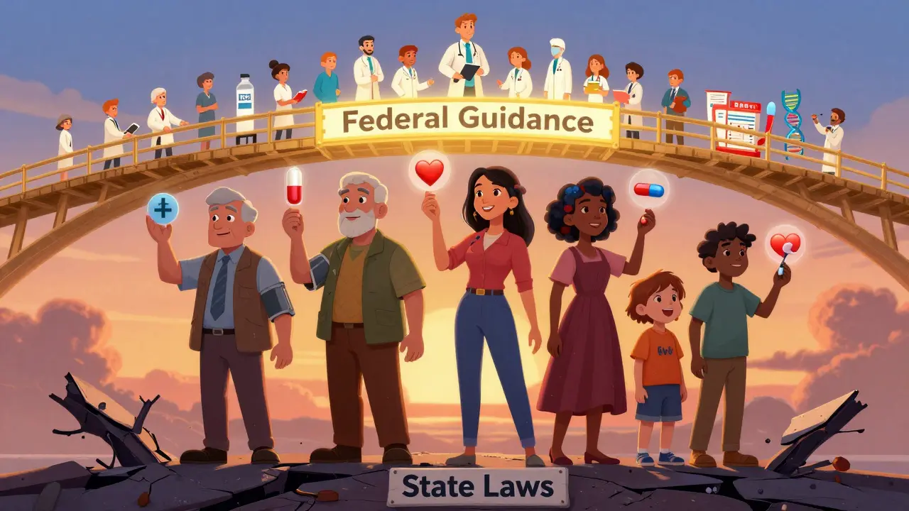 Patients stand on a crumbling state law bridge as doctors and FDA workers build a safer federal bridge above.