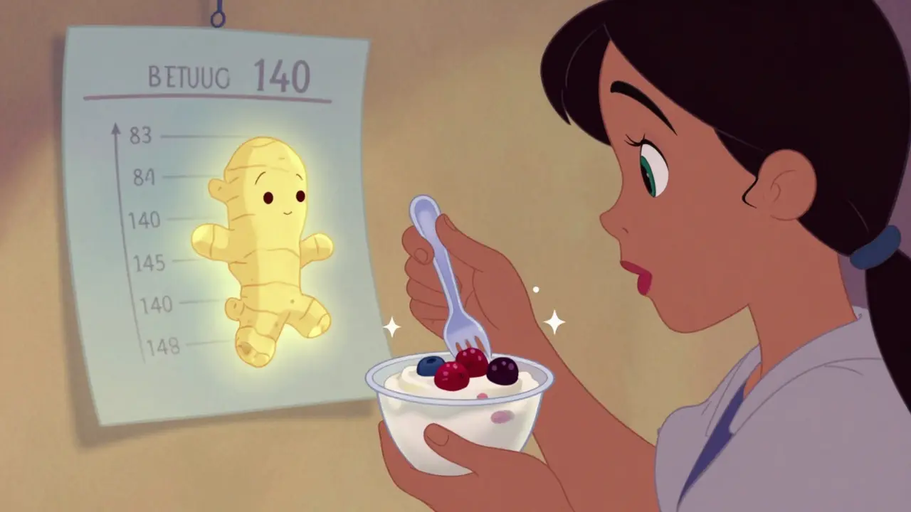 Person eating yogurt with berries as a glowing ginger root hovers nearby.