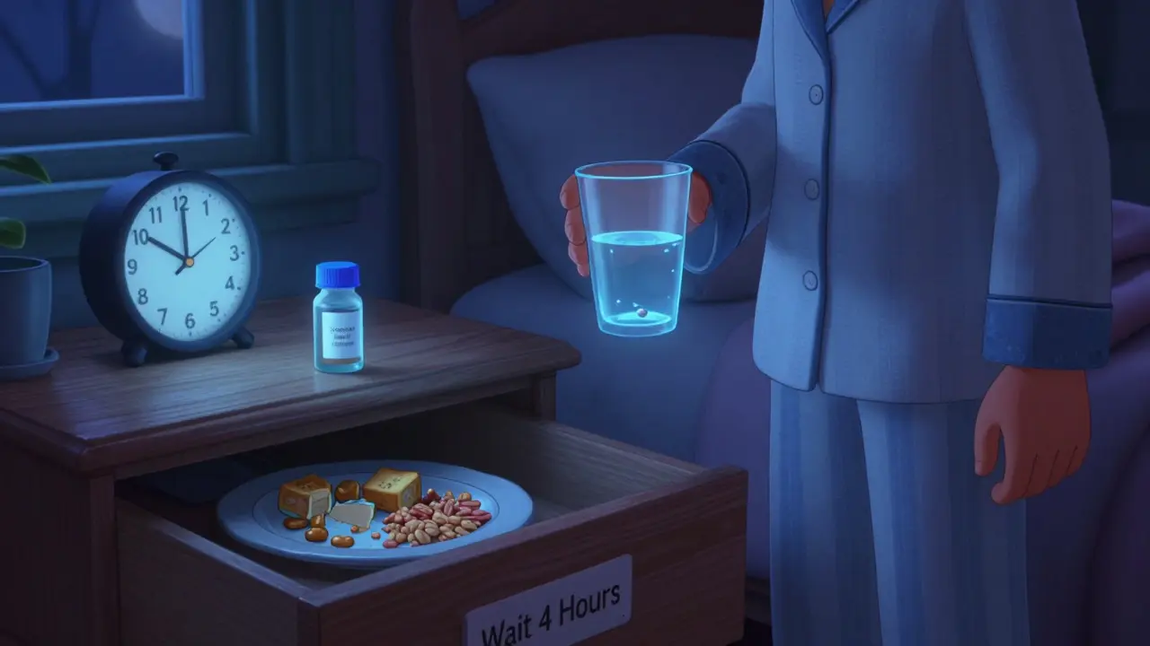 Person taking thyroid pill at night with bedtime routine, supplements safely stored away.