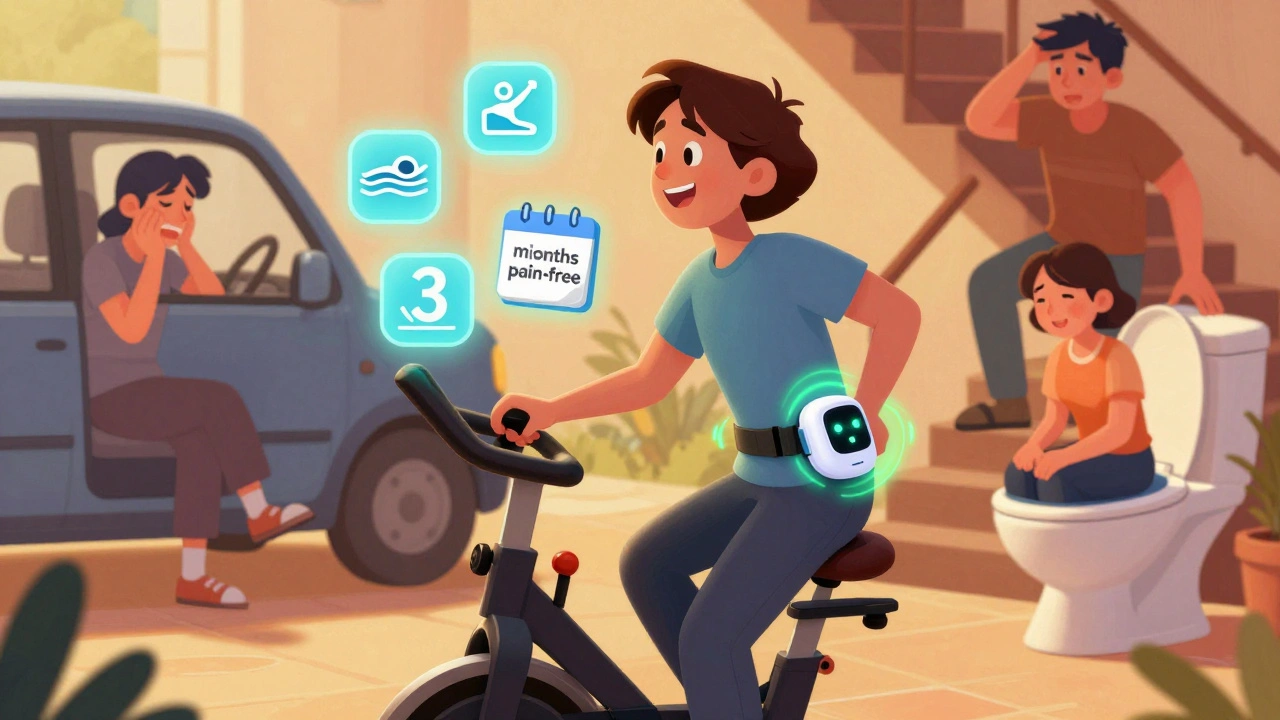 Person with hip wearable device smiling while cycling, surrounded by pain-free activity icons.