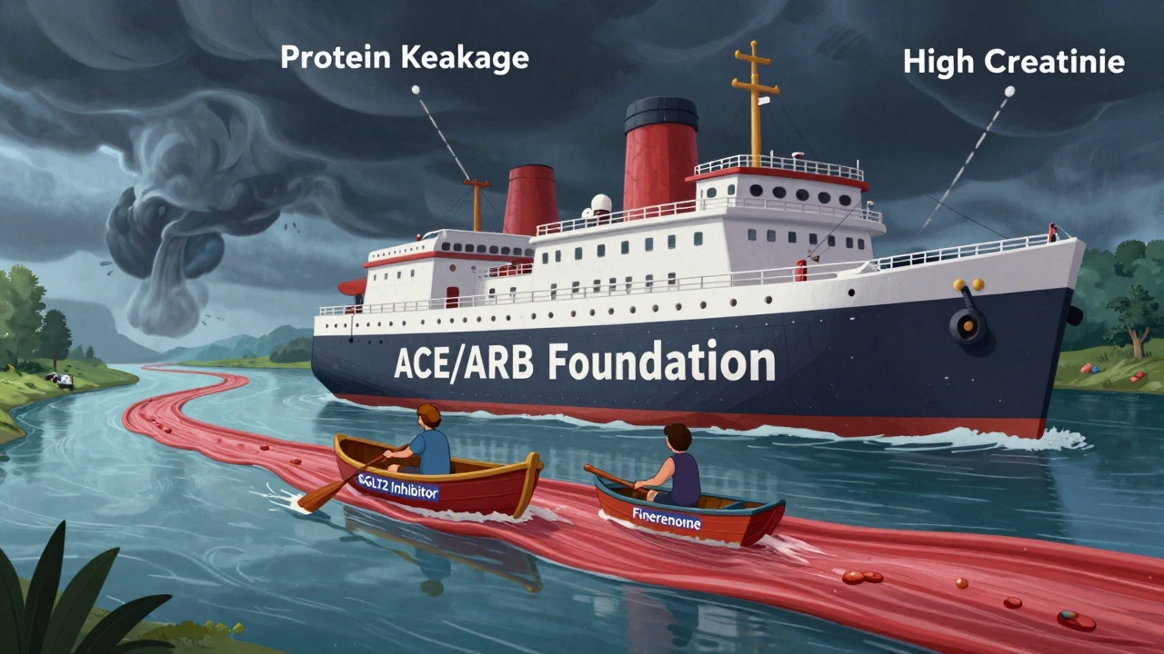 SGLT2 and MRA boats sailing alongside a ship labeled ACE/ARB Foundation on a calm kidney health river.