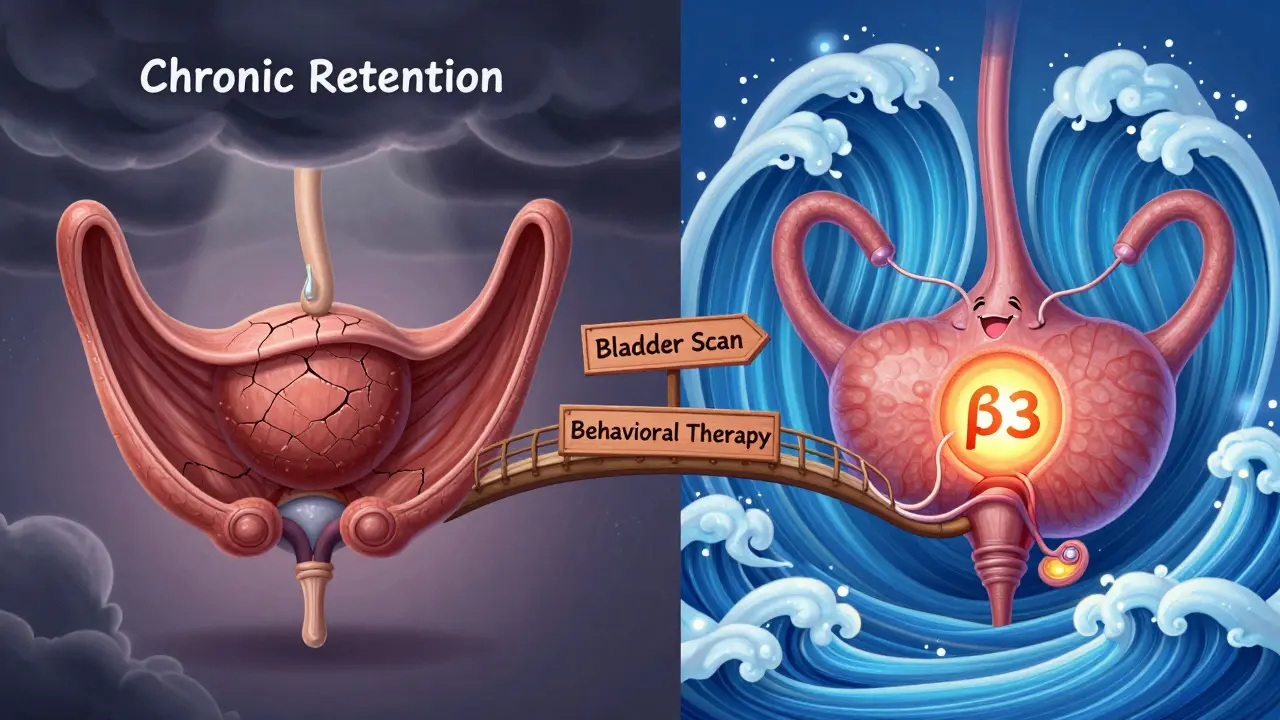 Split illustration: damaged bladder vs. healthy bladder, with therapy bridge leading to recovery.