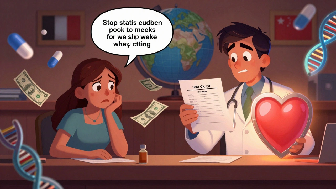 Split scene: patient stopping statins with lost money vs. patient keeping statins thanks to baseline CK test, heart shield glowing.