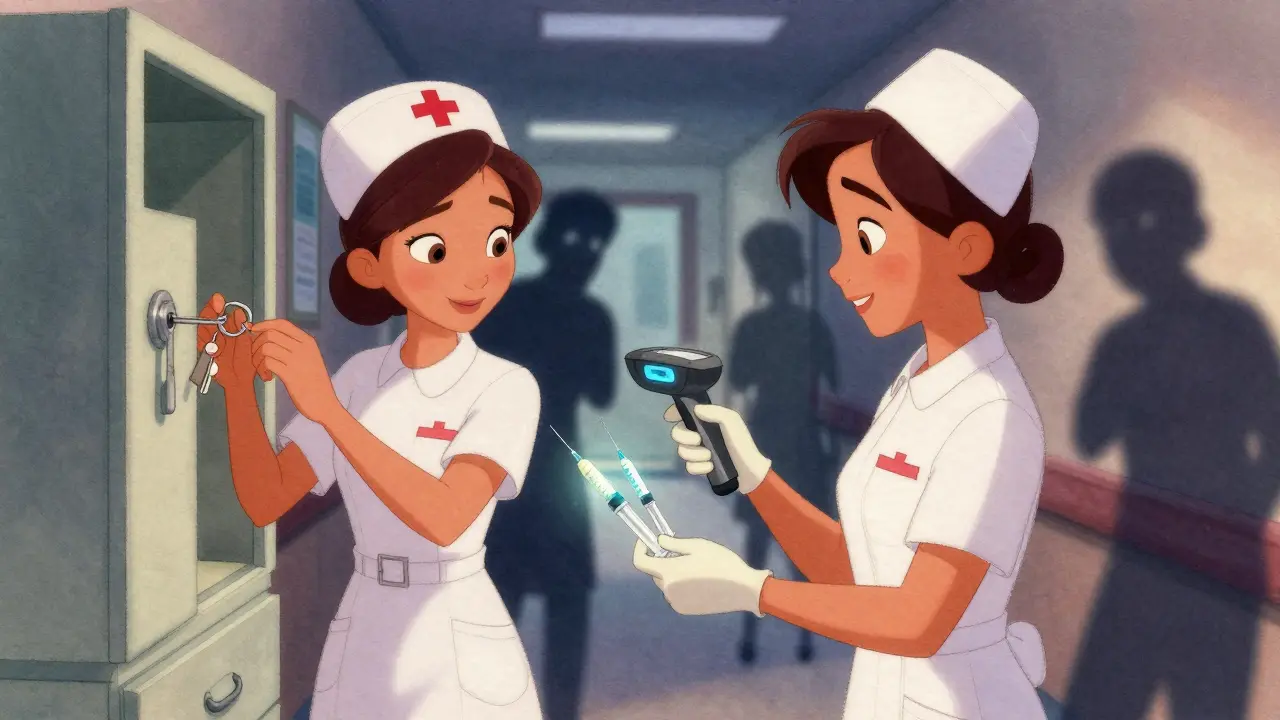 Two healthcare workers performing a dual-control drug transfer with tamper-evident syringes.