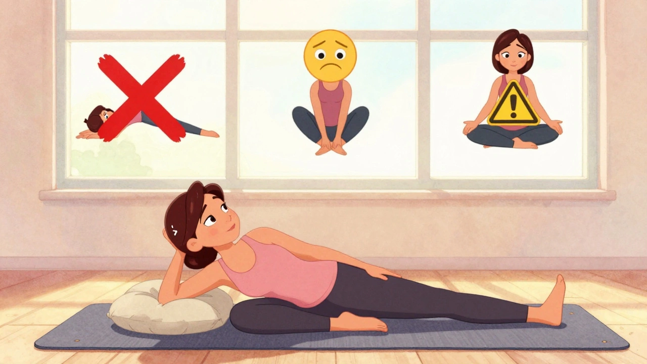 Woman doing a side leg lift with pillow between knees, cartoon icons showing banned yoga poses.