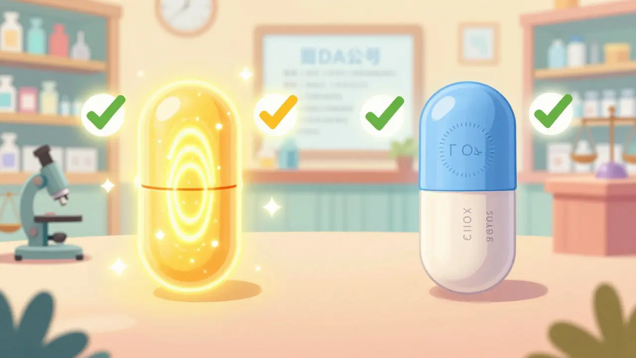 A brand-name pill and its generic version glow with equal energy, surrounded by symbols of FDA approval and verification.