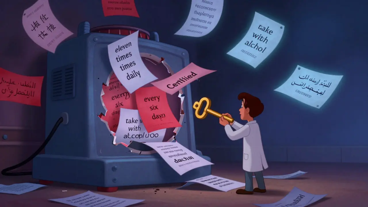 A broken translation machine spews dangerous errors as a medical translator fixes it with a golden key of certification.