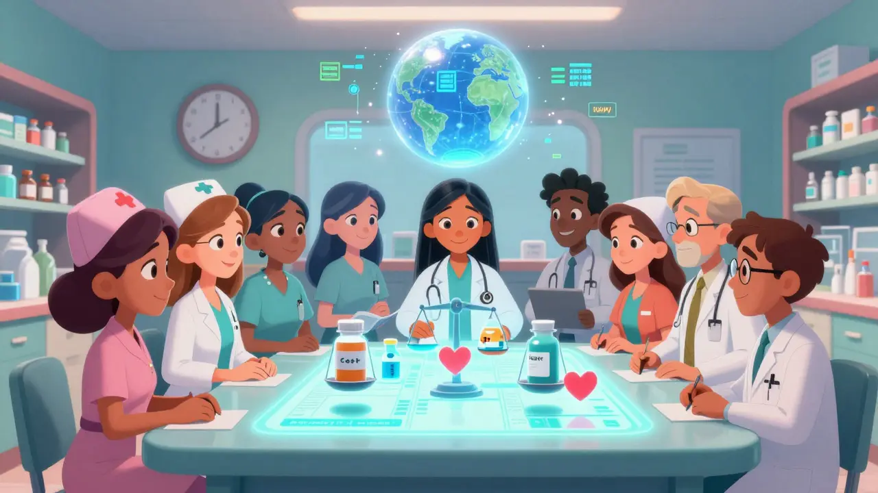 A diverse medical team reviews floating drug bottles and safety scales at a glowing formulary meeting table.