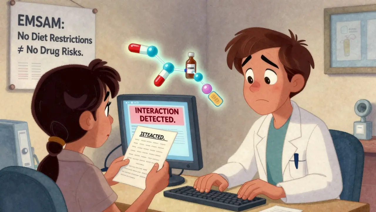 A doctor and patient in an office, with a computer warning about dangerous drug interactions involving an EMSAM patch.