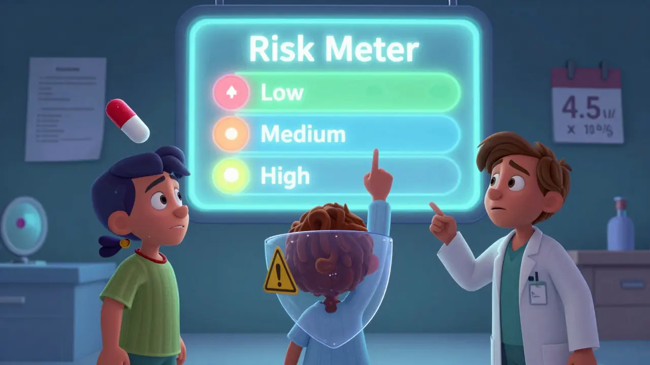 A doctor points to a risk meter with three patients below, each representing different immunosuppressant risks.