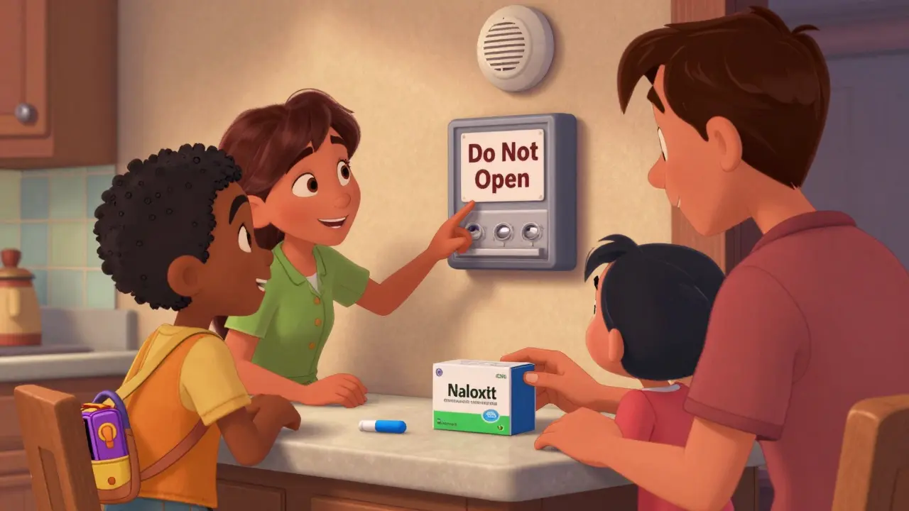 A family gathers near a kitchen counter with naloxone visible outside a locked medication box.