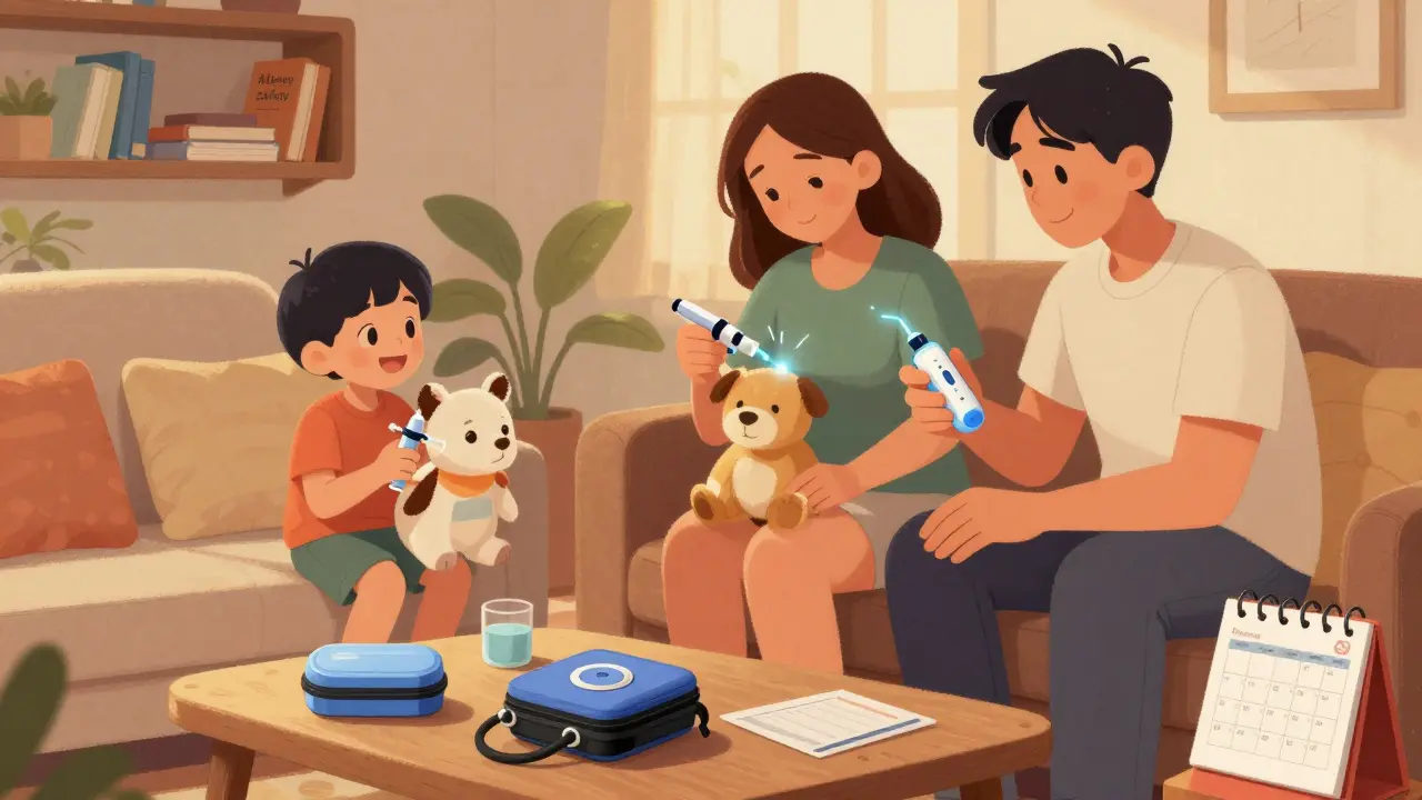 A family practicing with trainer injectors in a living room, smiling and prepared for emergencies.