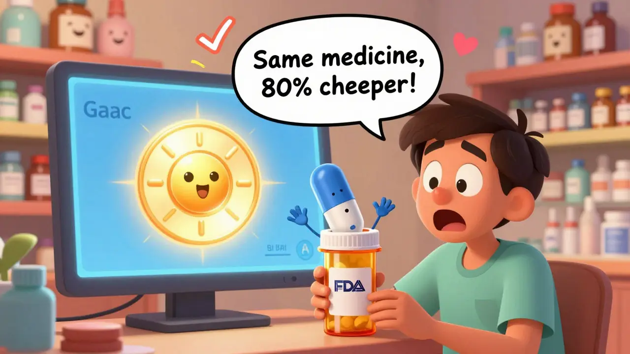 A friendly animated pill explains to a patient that generics are just as effective but much cheaper, in Disney cartoon style.