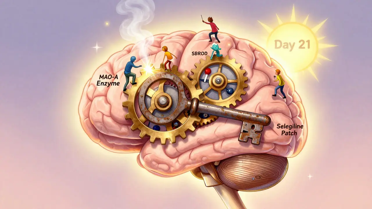 A glowing brain with a blocked enzyme gear and dangerous drugs trying to climb it, in a magical Disney-style illustration.