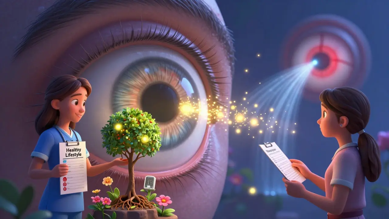A glowing eye implant releases golden particles while a woman plants a health tree with medical icons blooming as flowers.