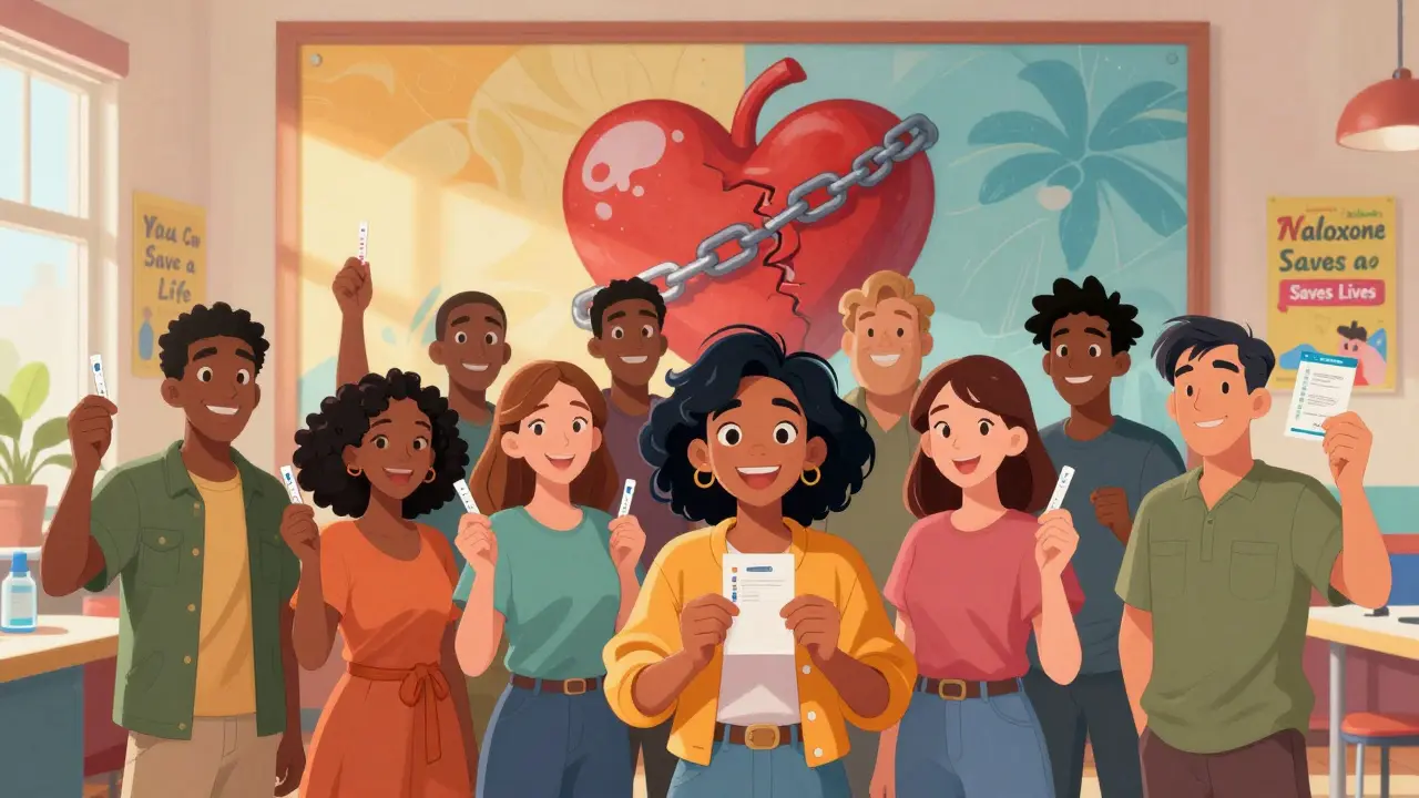 A group of people hold fentanyl test strips and naloxone kits in a bright community center, smiling with hope and determination.