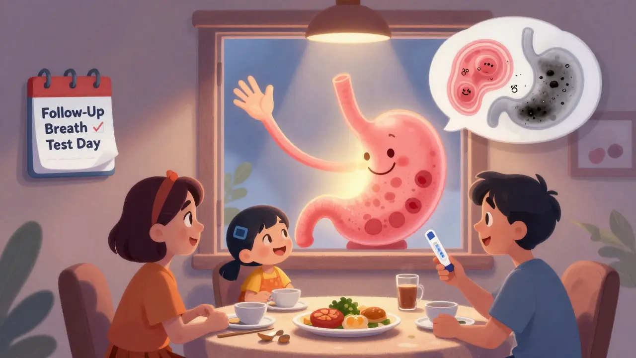 A healed stomach waving from a wall window as a family celebrates a follow-up test in Disney-style illustration.