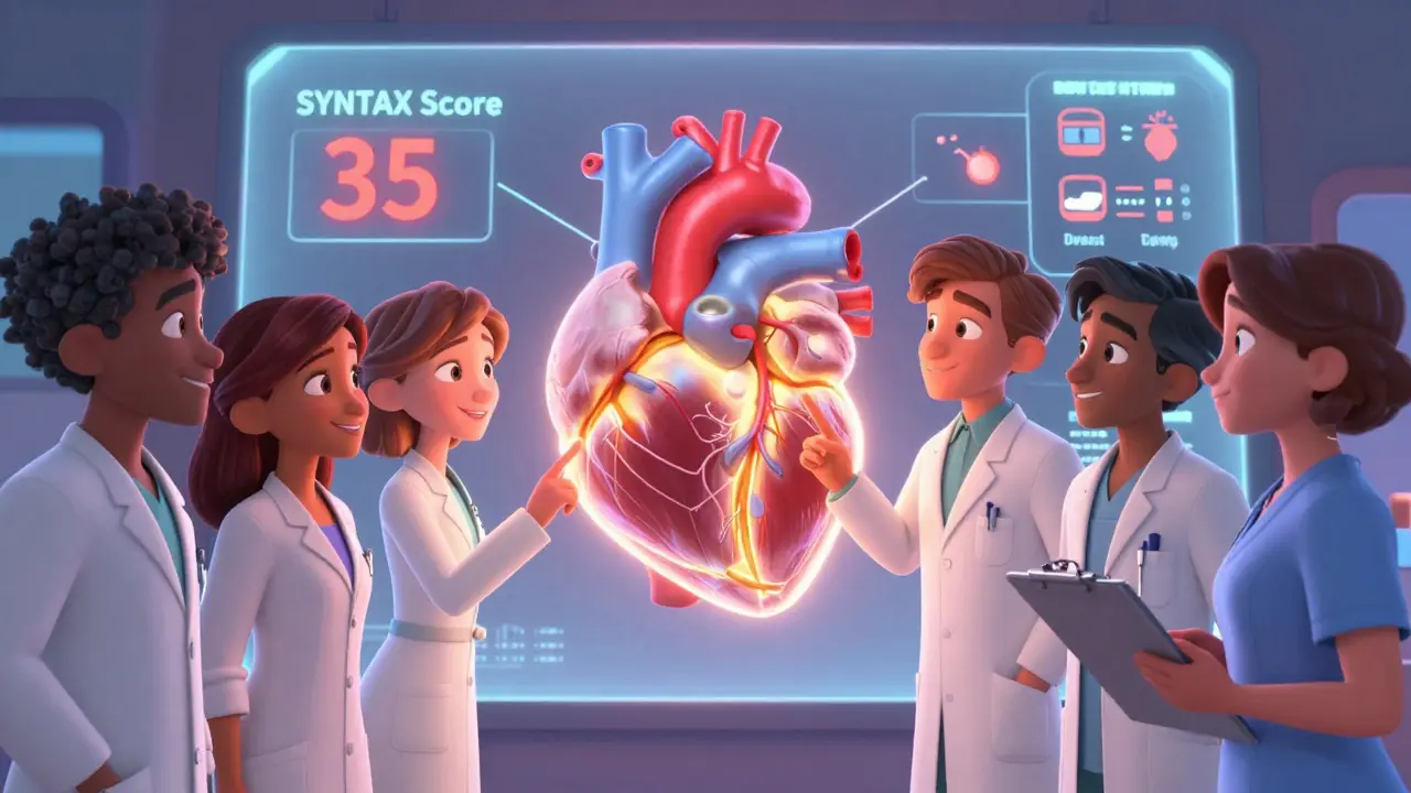 A heart team discusses a glowing 3D heart model with SYNTAX Score and graft options.