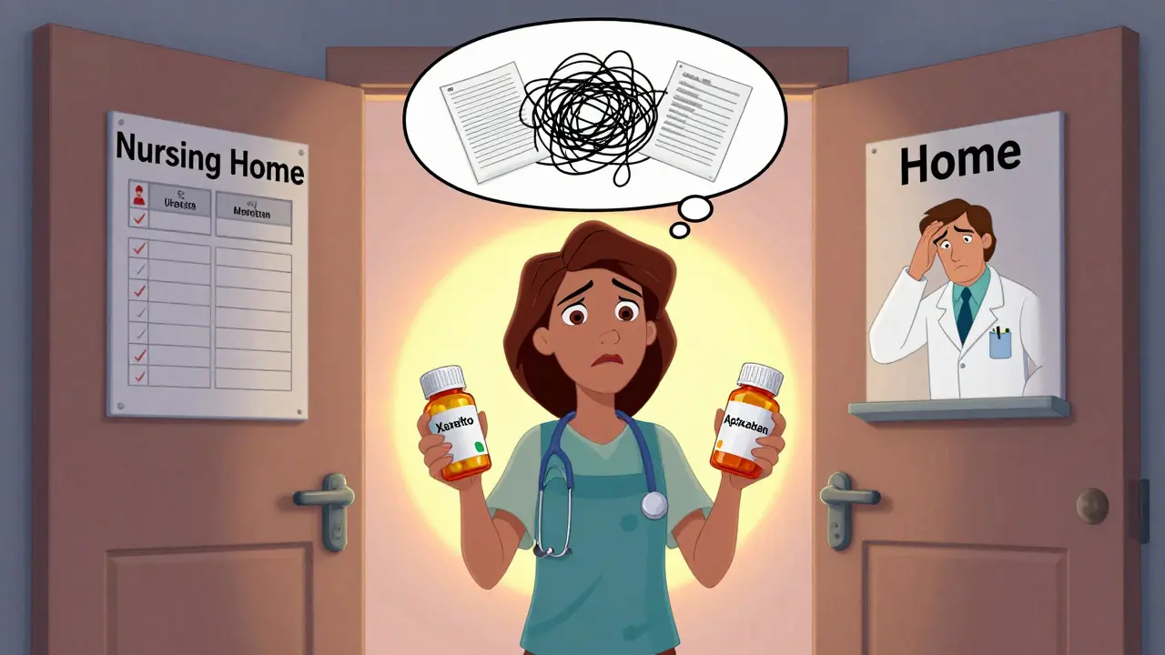 A patient holds two different medication bottles, confused between nursing home and home prescriptions.