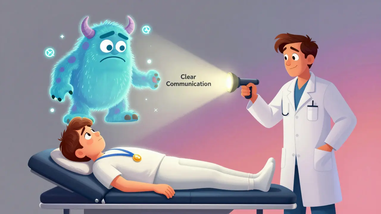 A patient is freed from a nocebo monster by a clinician's light of clear communication, symbolizing trust in generic meds.