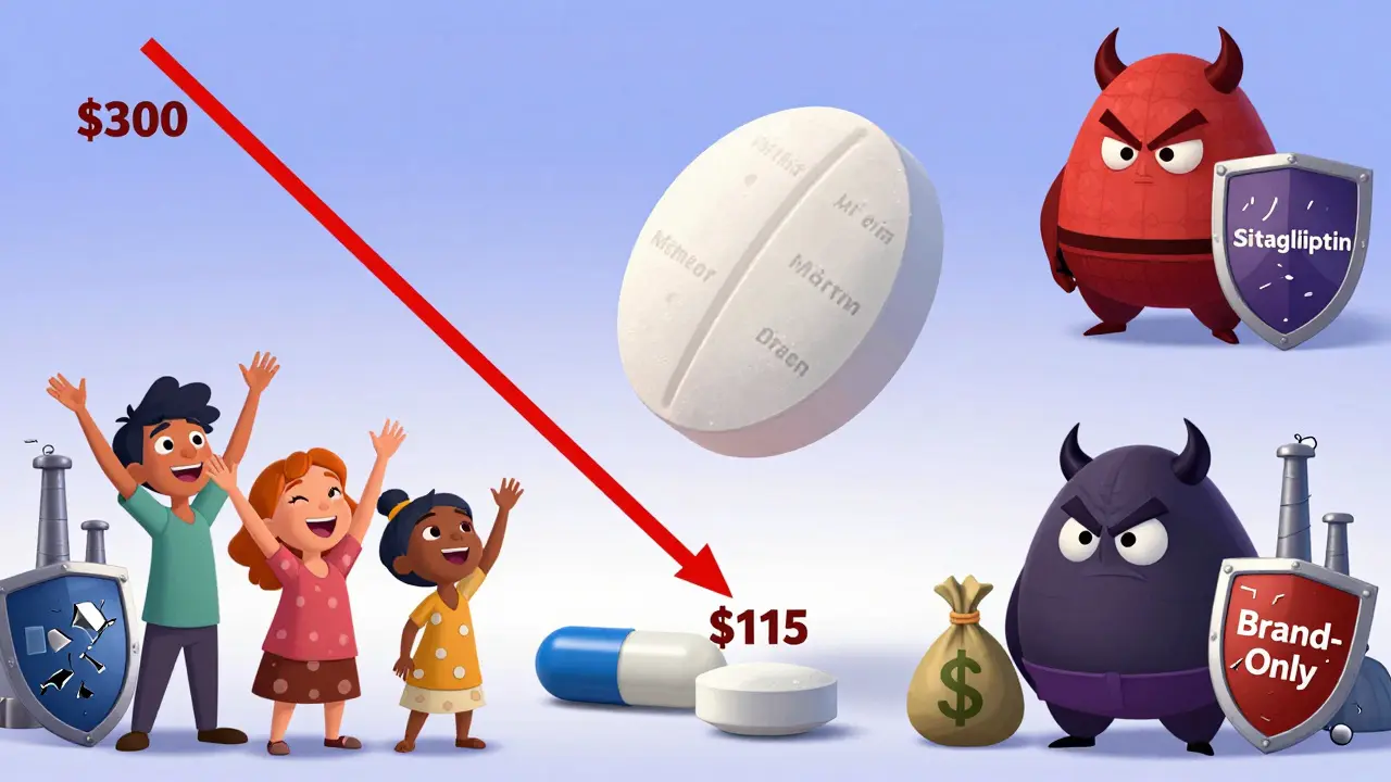 A single combination pill saving money compared to two separate pills, with a falling cost chart and happy patients.