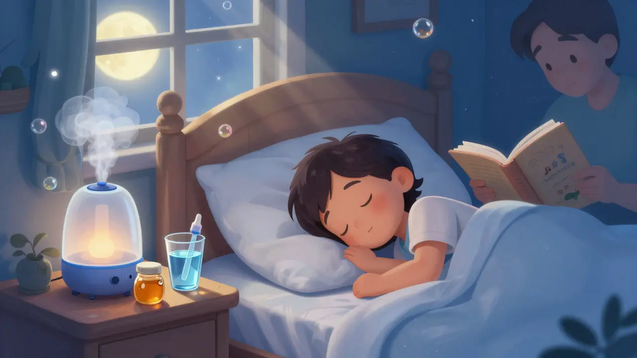 A sleeping child surrounded by safe remedies: honey, saline, and a humidifier, with no medicine bottles.