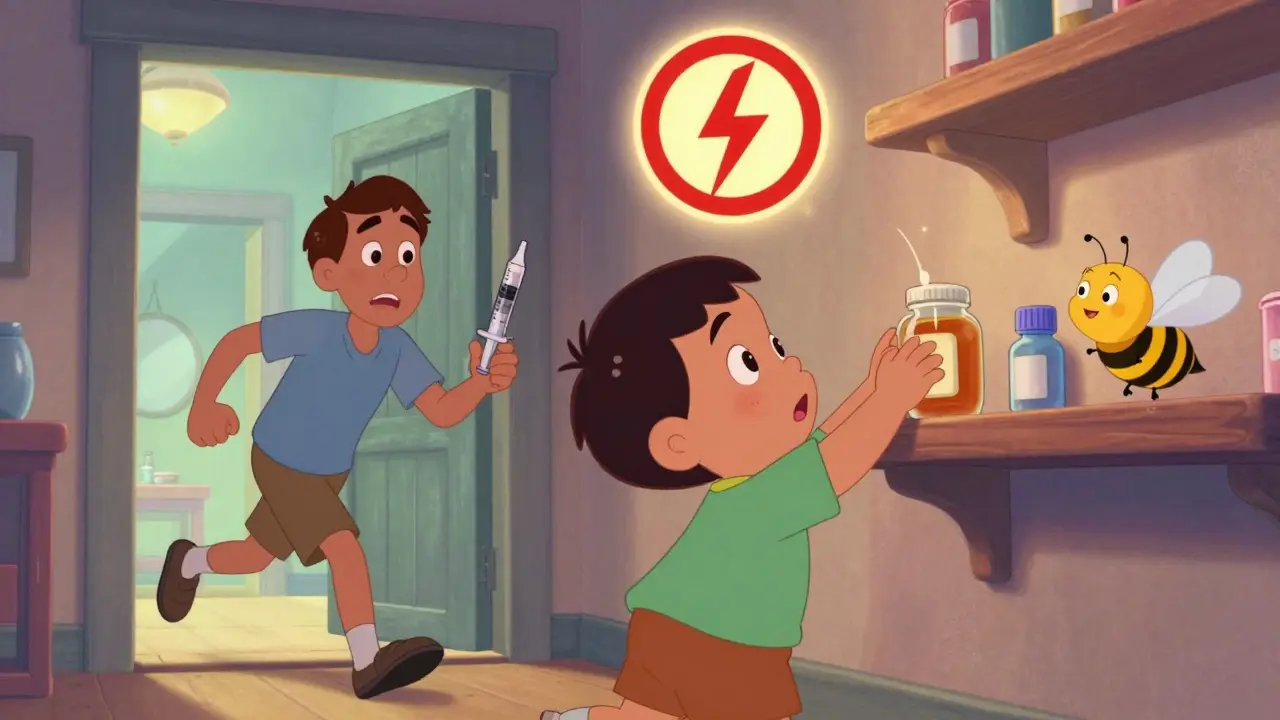 A toddler reaches for a medicine bottle while a parent rushes in, with honey and a bulb syringe nearby.