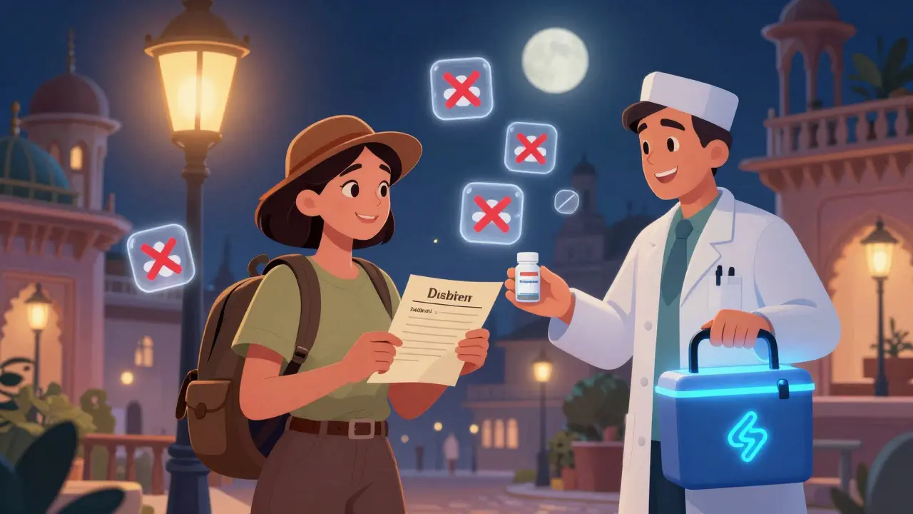 A traveler receives a safe medication alternative from a pharmacist while banned pills glow with X's.