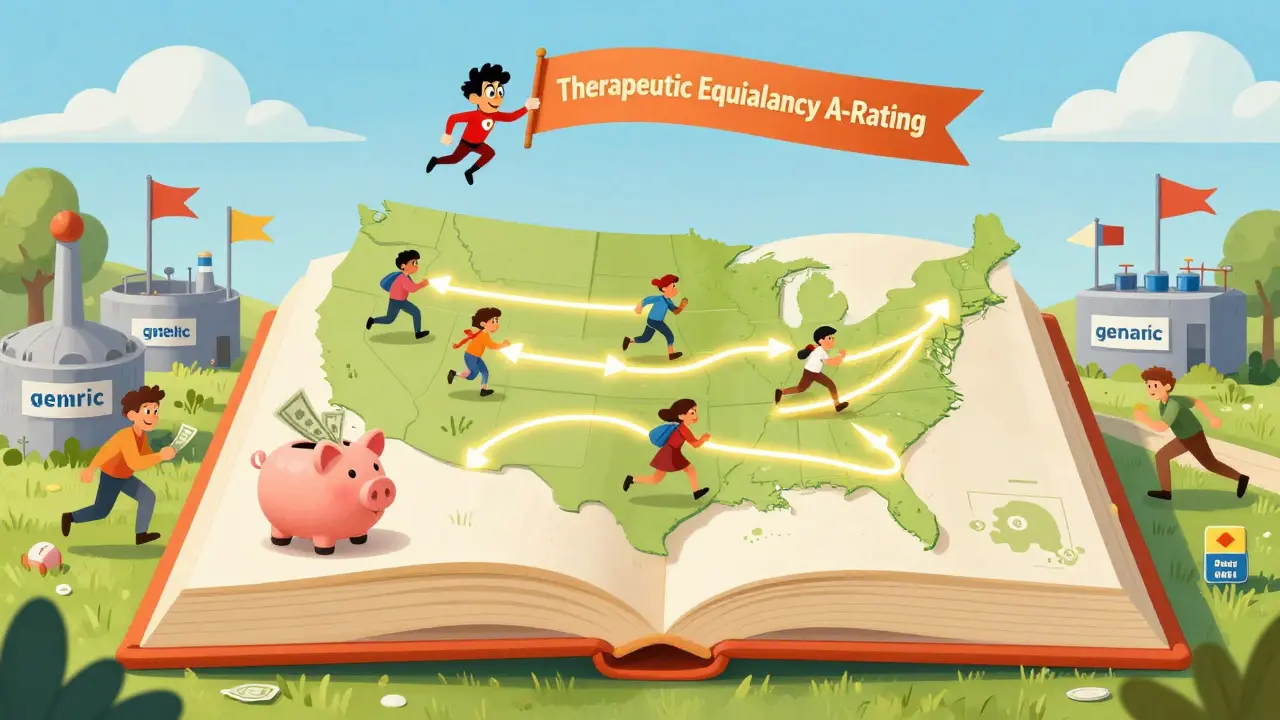 A whimsical map showing savings paths across the U.S., uninsured patients with piggy banks, and an FDA superhero flying overhead.