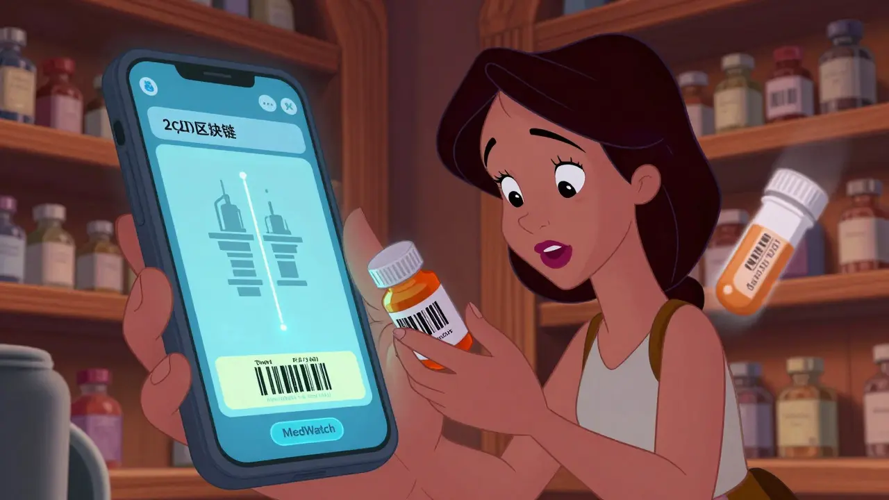 A woman scans a pill bottle with her phone, showing a blockchain trace, while a fake pill lurks in the corner.