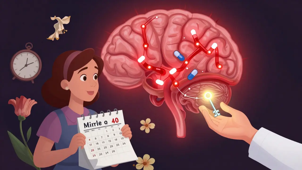 A woman surrounded by wilting flowers and a broken hormone signal path, symbolizing opioid effects on menstrual health.