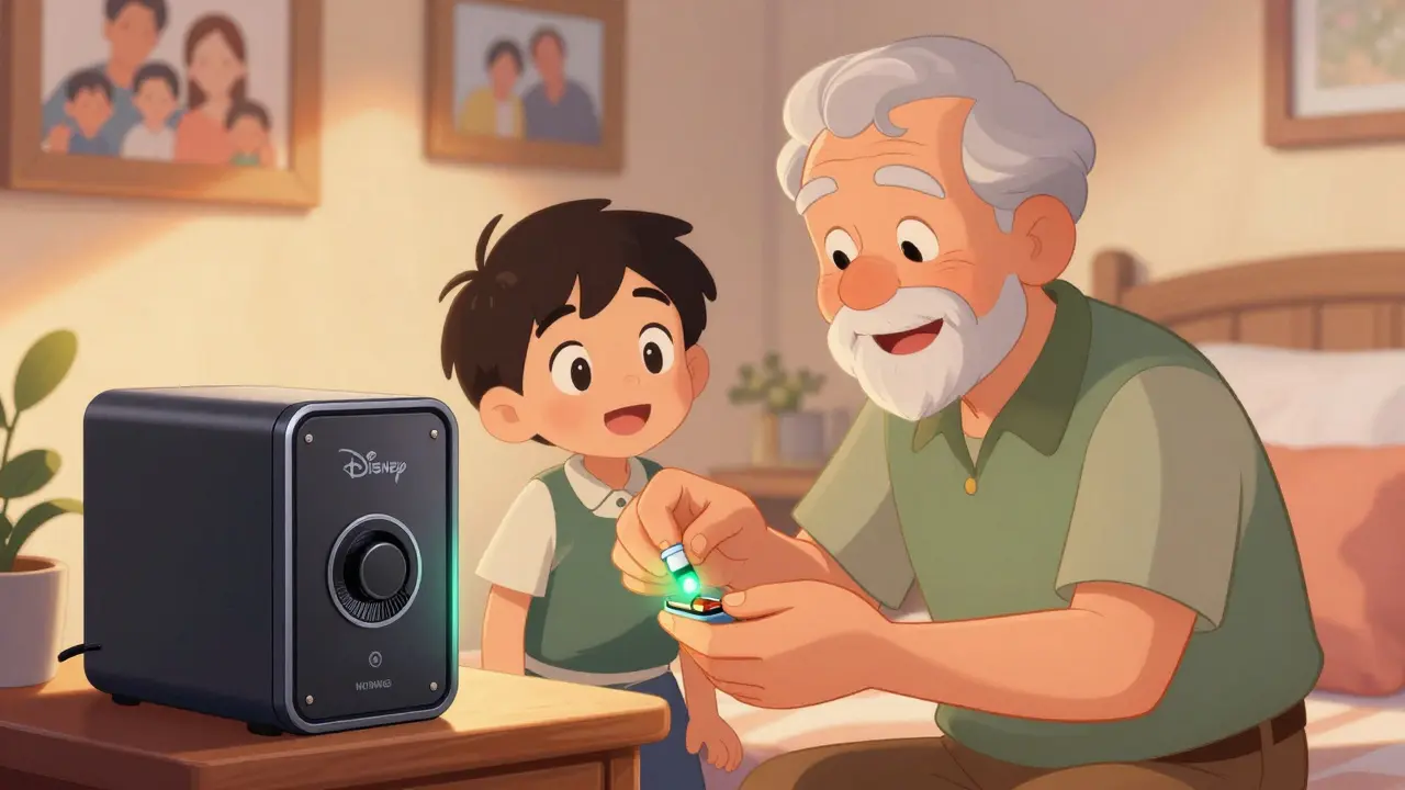 An elderly man opens a fingerprint lockbox to take his pills, smiling as his grandson watches respectfully.